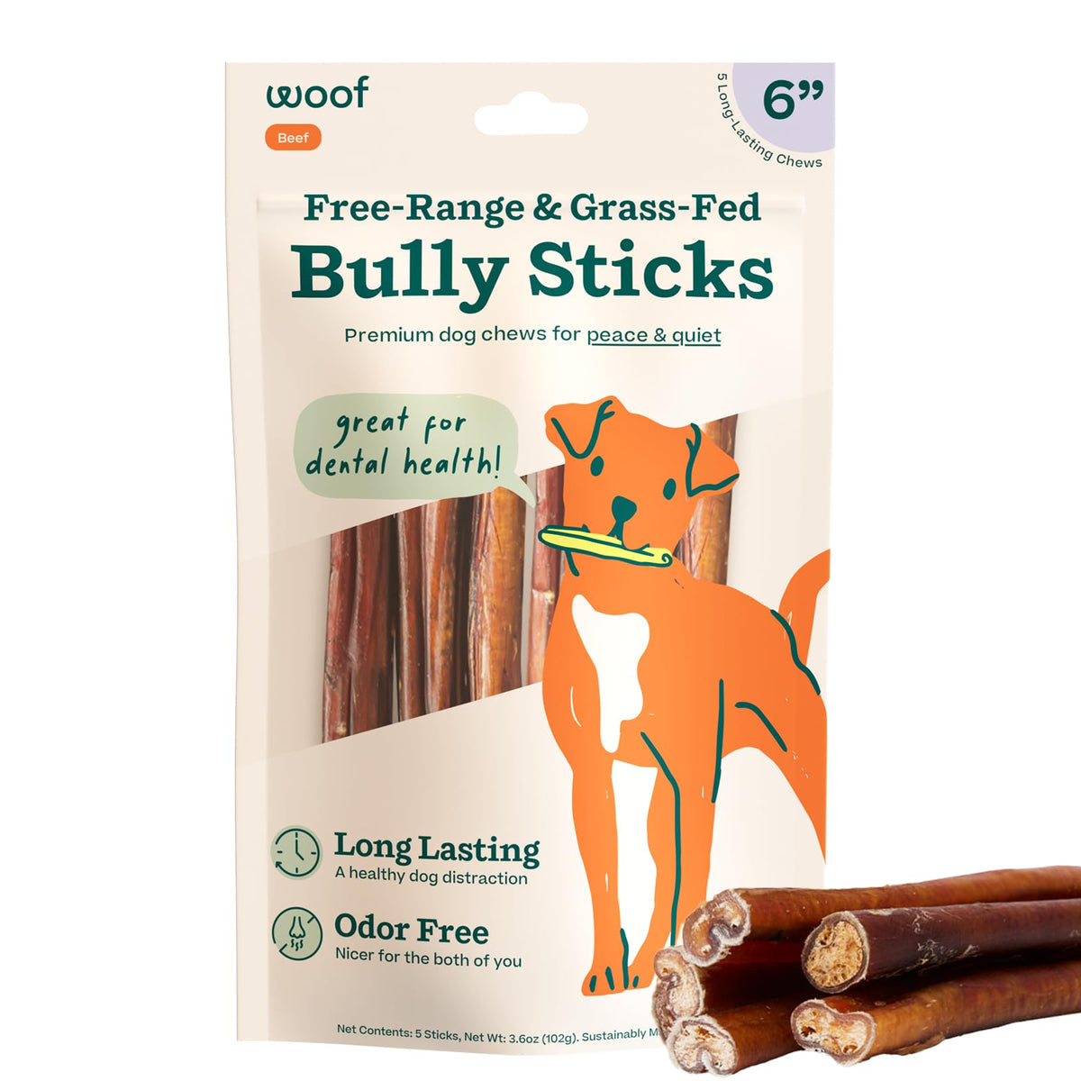 WOOF Bully Sticks unwrapped and ready for natural chew rewards during playtime