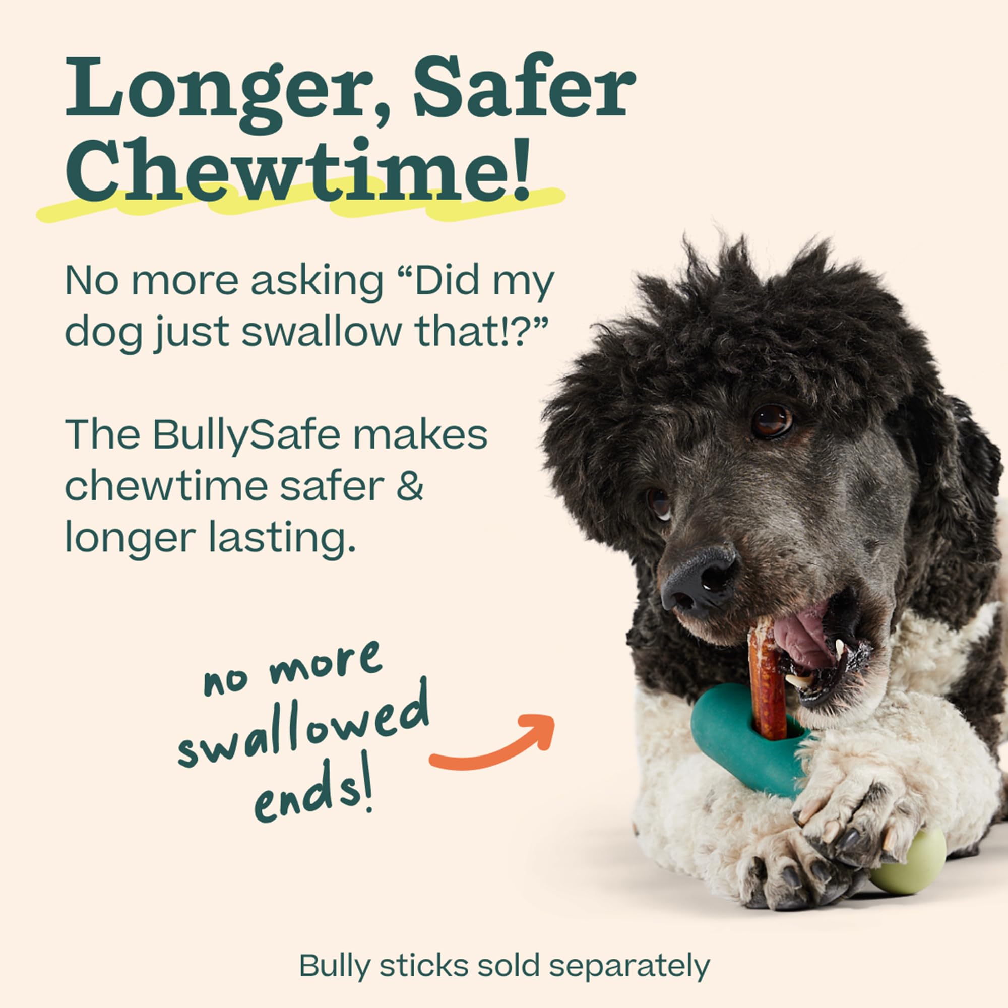 WOOF BullySafe dog chew time view shows longer, focused play sessions.