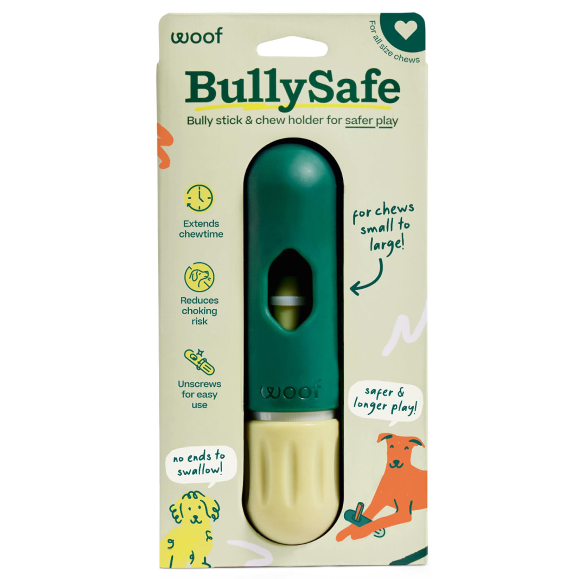 WOOF BullySafe holder assembly enables quick secure chew time for dogs.