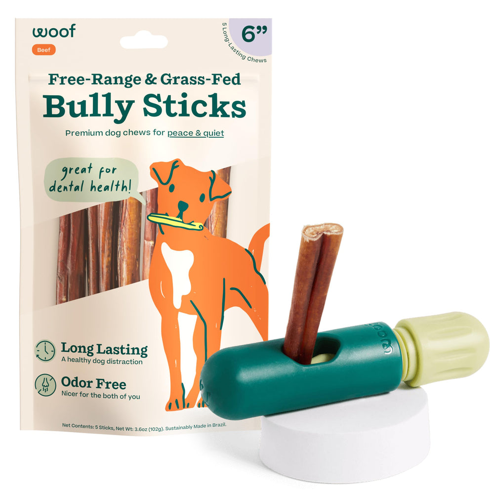 WOOF BullySafe holder setup shows easy assembly for safer, longer chew sessions.