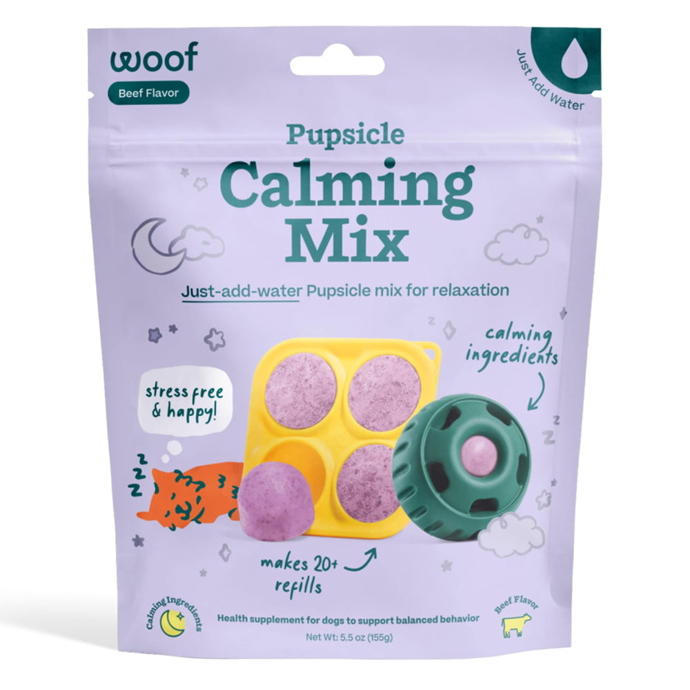WOOF Pupsicle Mix easy-refill shows quick, no-bake prep for busy dog owners.