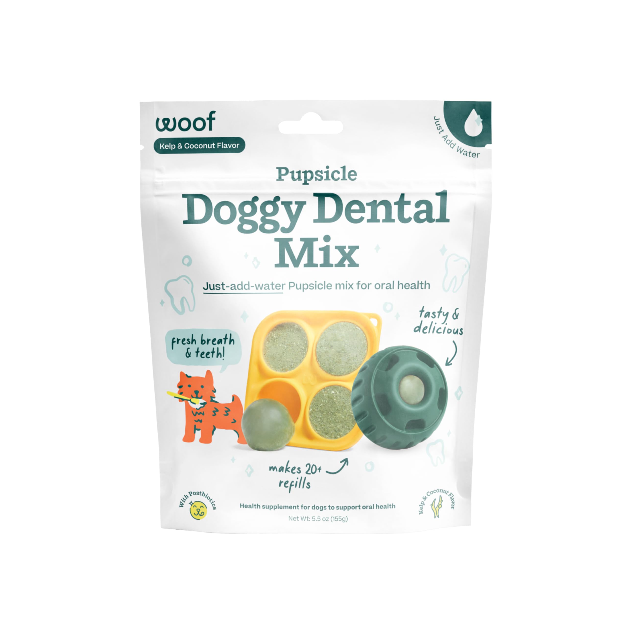 Woof Doggy Dental Pupsicle Mix bottle supports fresh breath and easy oral care.