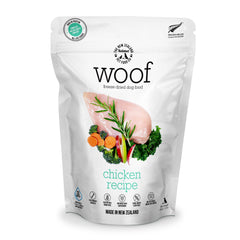 The New Zealand Natural Pet Food Co WOOF freeze-dried chicken bites for training rewards.