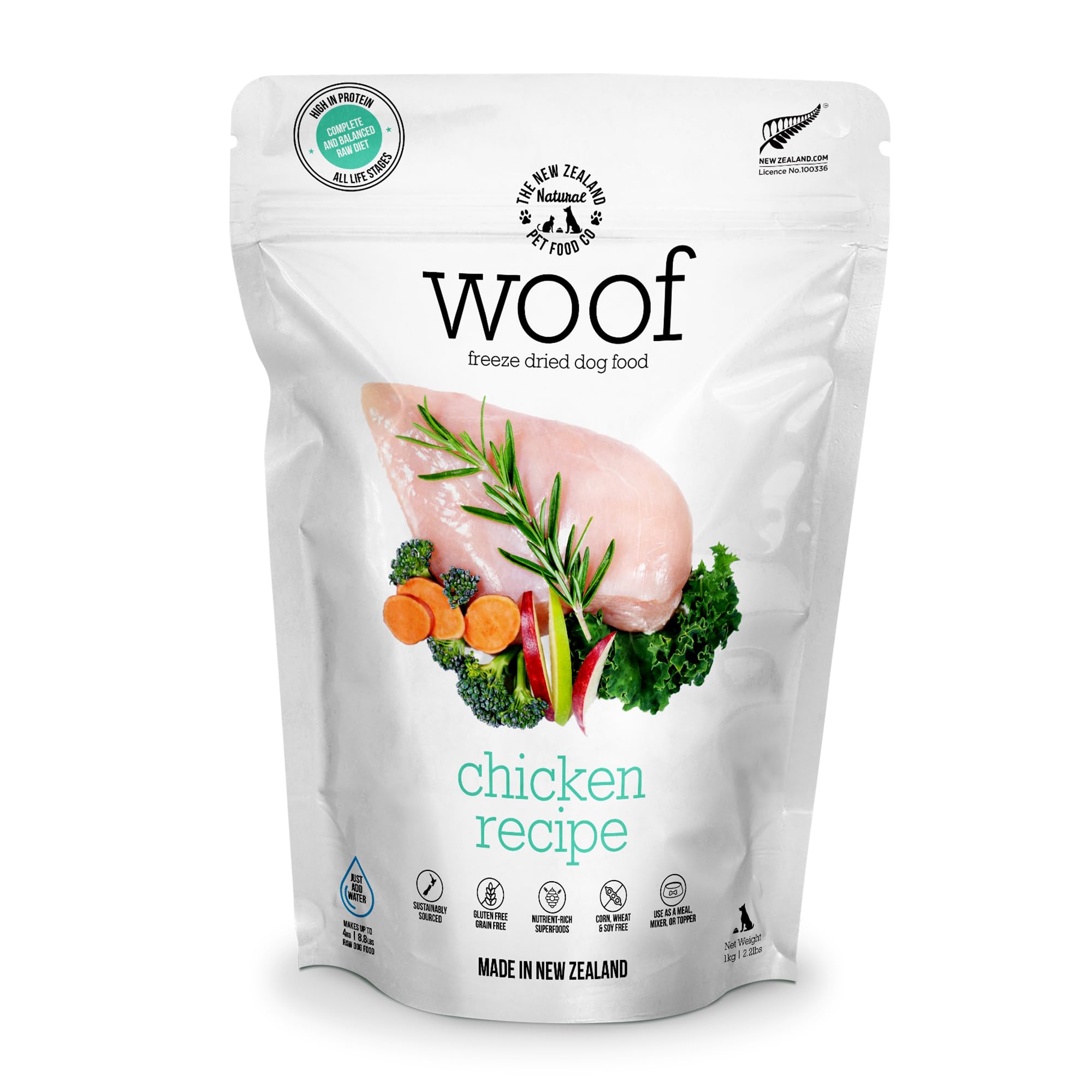 The New Zealand Natural Pet Food Co WOOF freeze-dried chicken bites provide high-protein fueling for active dogs.