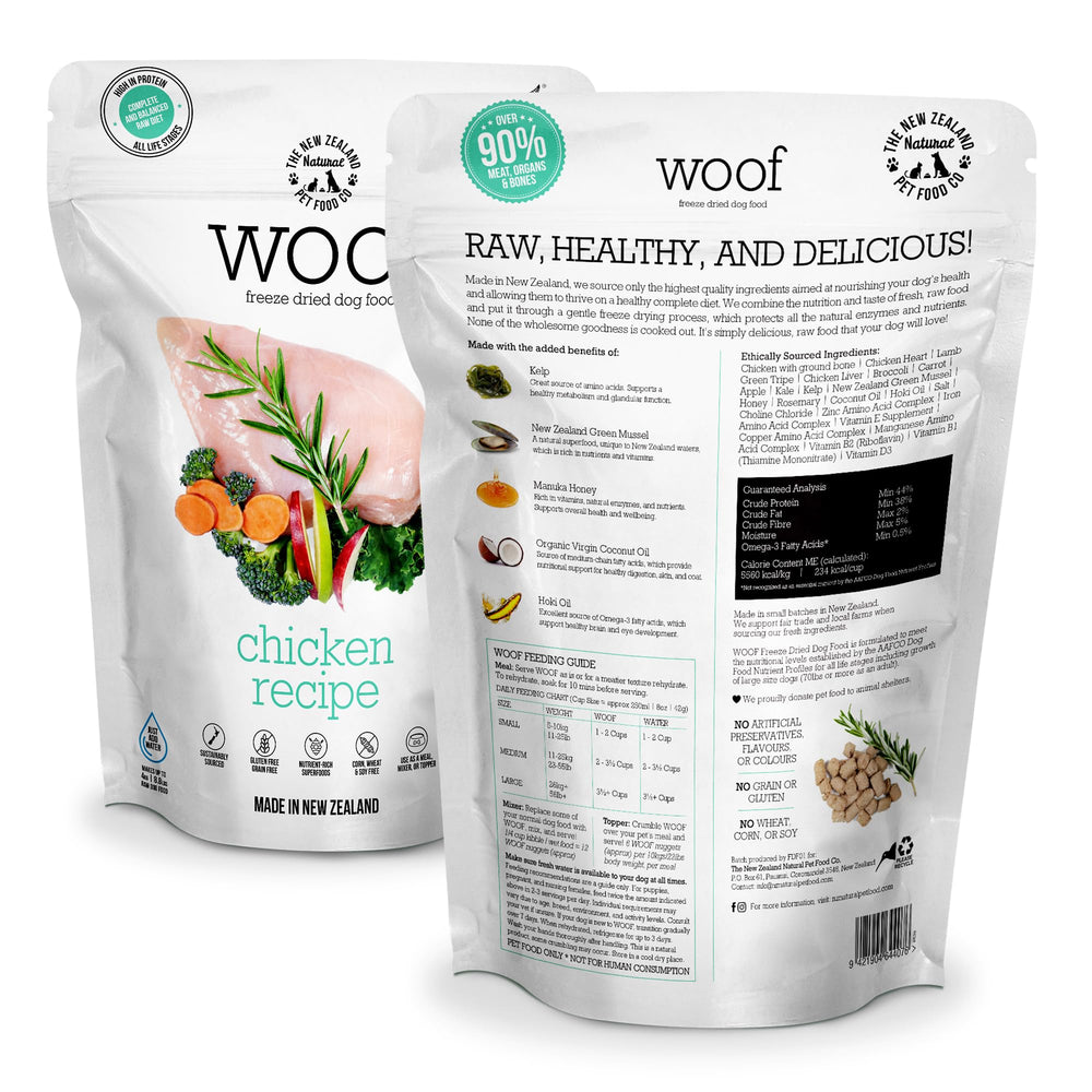 The New Zealand Natural Pet Food Co WOOF chicken recipe serving bowl demonstrates easy meal enrichment.