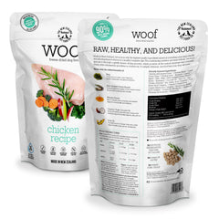 The New Zealand Natural Pet Food Co WOOF chicken recipe serving bowl demonstrates easy meal enrichment.