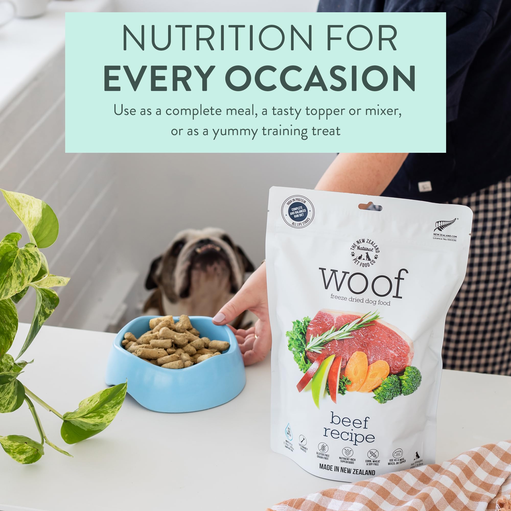WOOF freeze-dried dog food serving bowl topper-ready texture