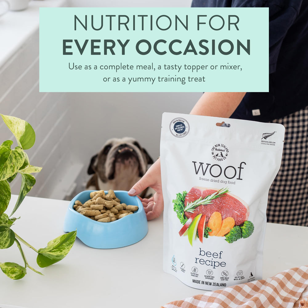 WOOF freeze-dried dog food serving bowl topper-ready texture