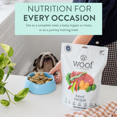 WOOF freeze-dried dog food serving bowl topper-ready texture
