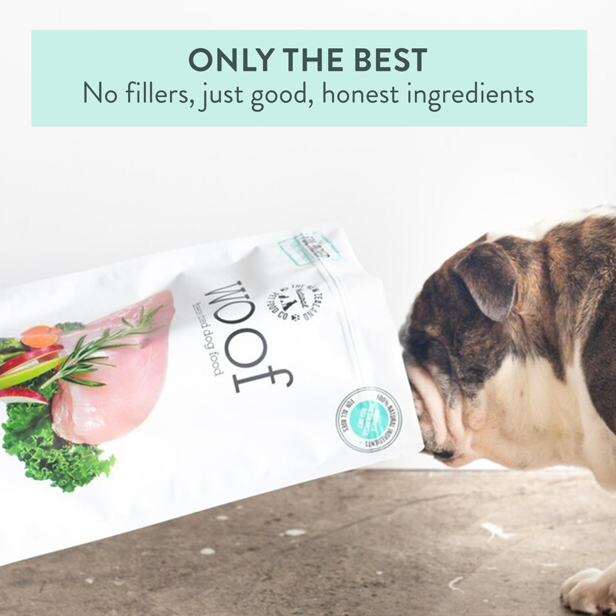 WOOF gluten-free and grain-free formula supports sensitive pets during meals.