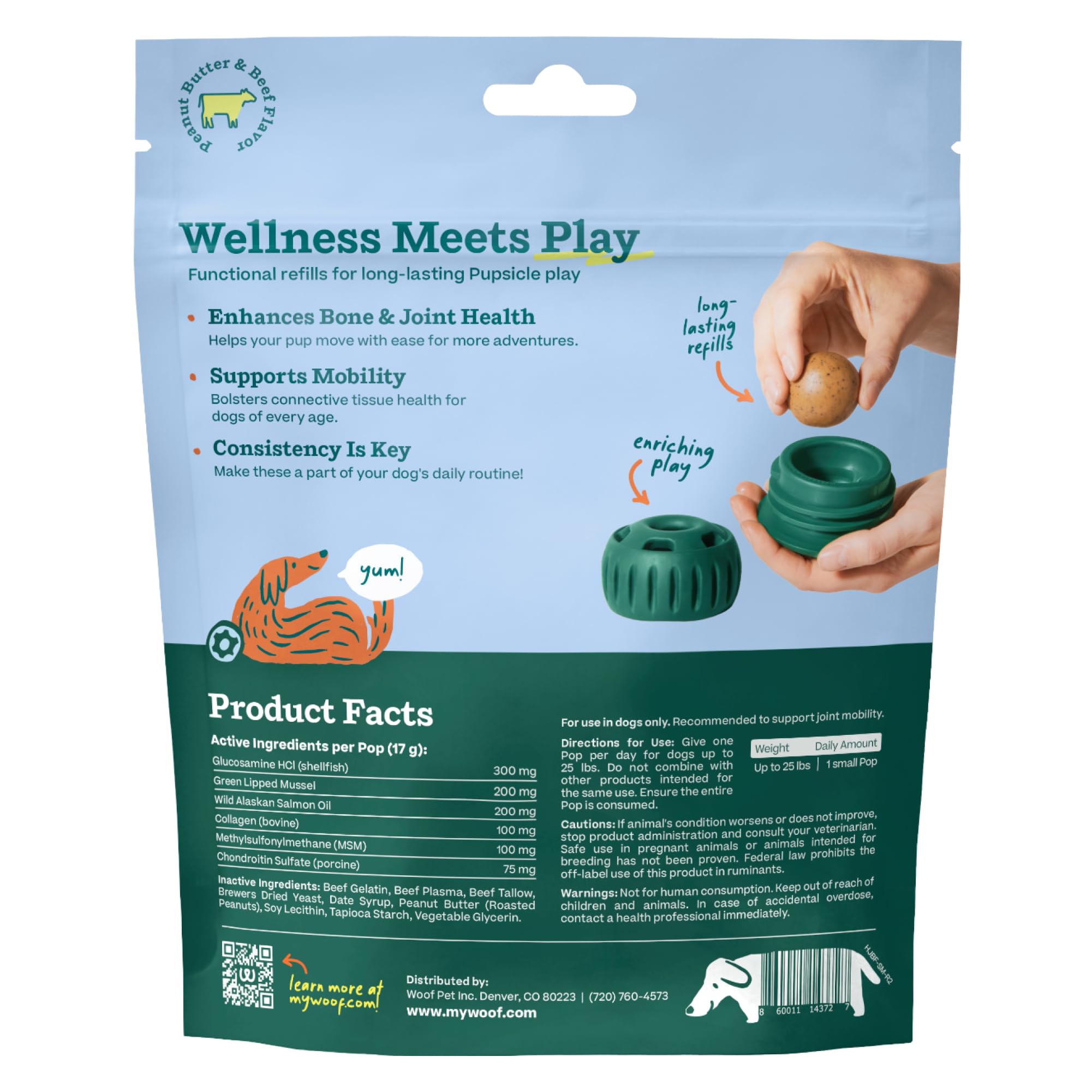 WOOF Hip & Joint Pupsicle ingredients-glucosamine-salmon-oil close-up highlighting mobility-supporting nutrients.