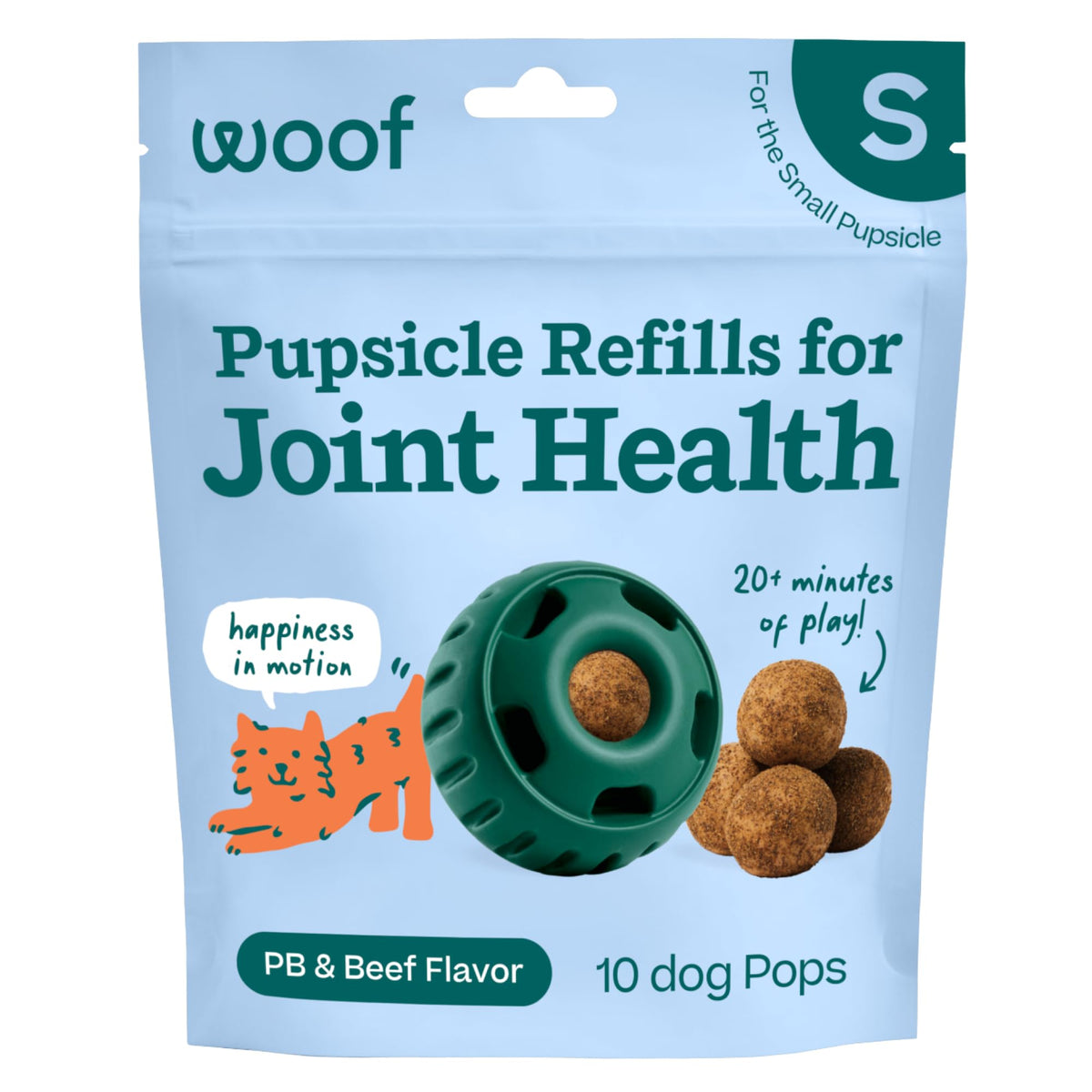 WOOF Hip & Joint Pupsicle Refill Pop close-up showing a durable, joint-supporting treat for dogs.