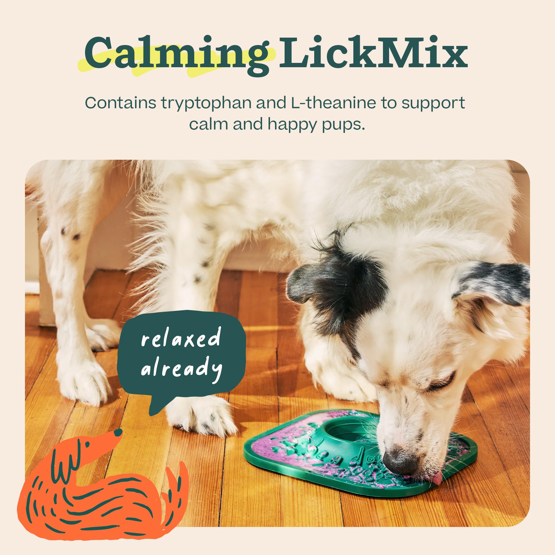 WOOF LickMixes calm mealtime setup suggesting relaxation for dogs.