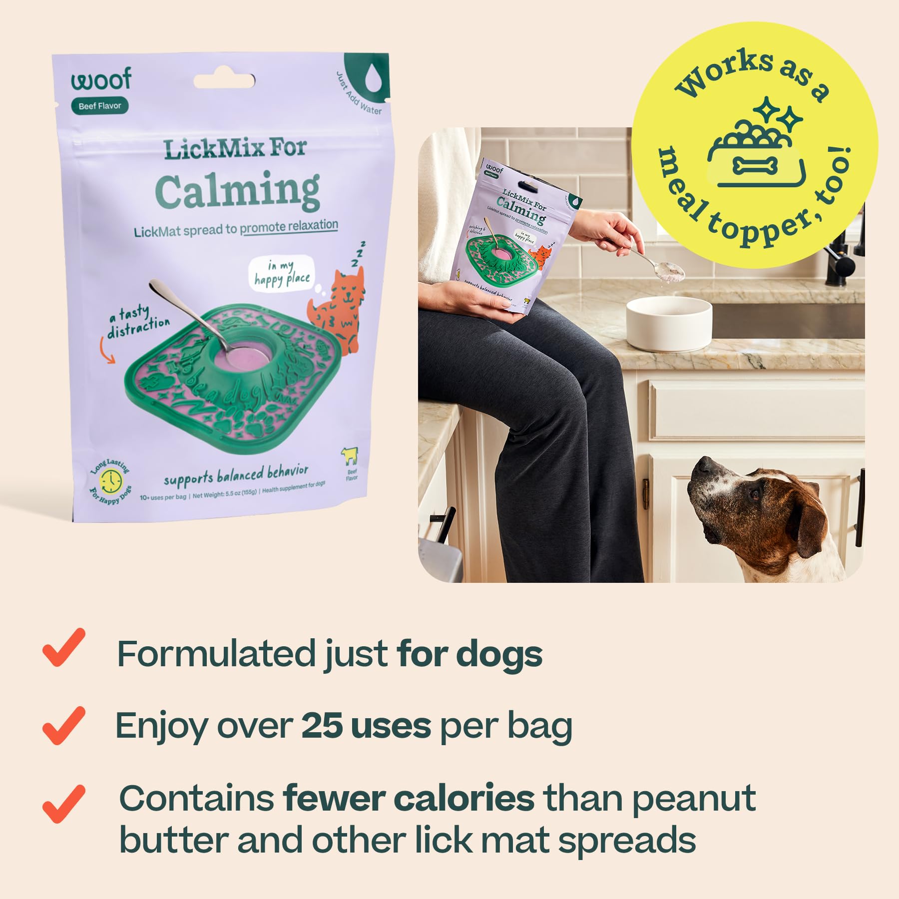 WOOF LickMixes frozen portions extend distraction during grooming or deliveries.