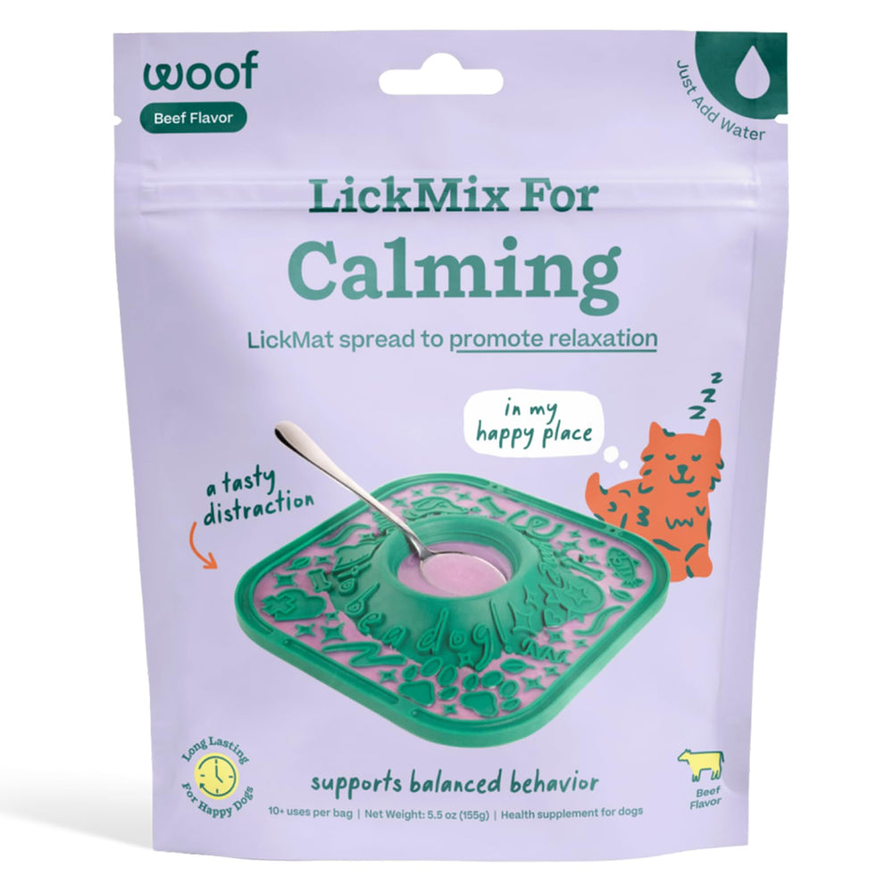 WOOF LickMixes spread on LickMat providing tasty enrichment during sessions.