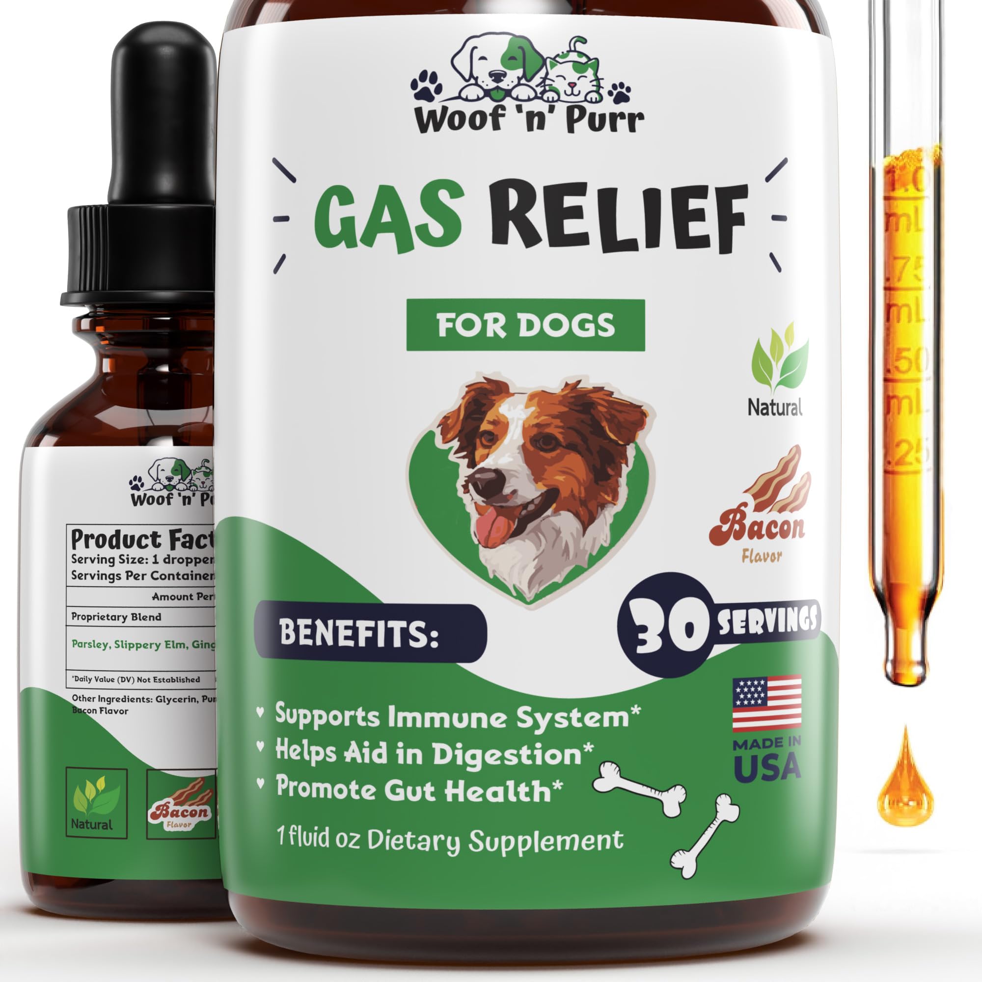 Woof 'n' Purr dog gas relief tincture bottle for fast comfort.