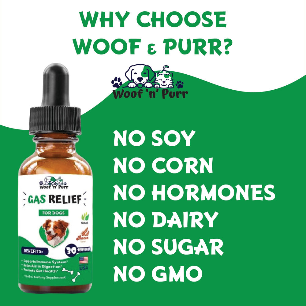 Woof 'n' Purr soothing effect calms gas episodes.
