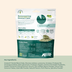 Woof Oratech blend powder jar highlights balanced oral microbiome for dogs.