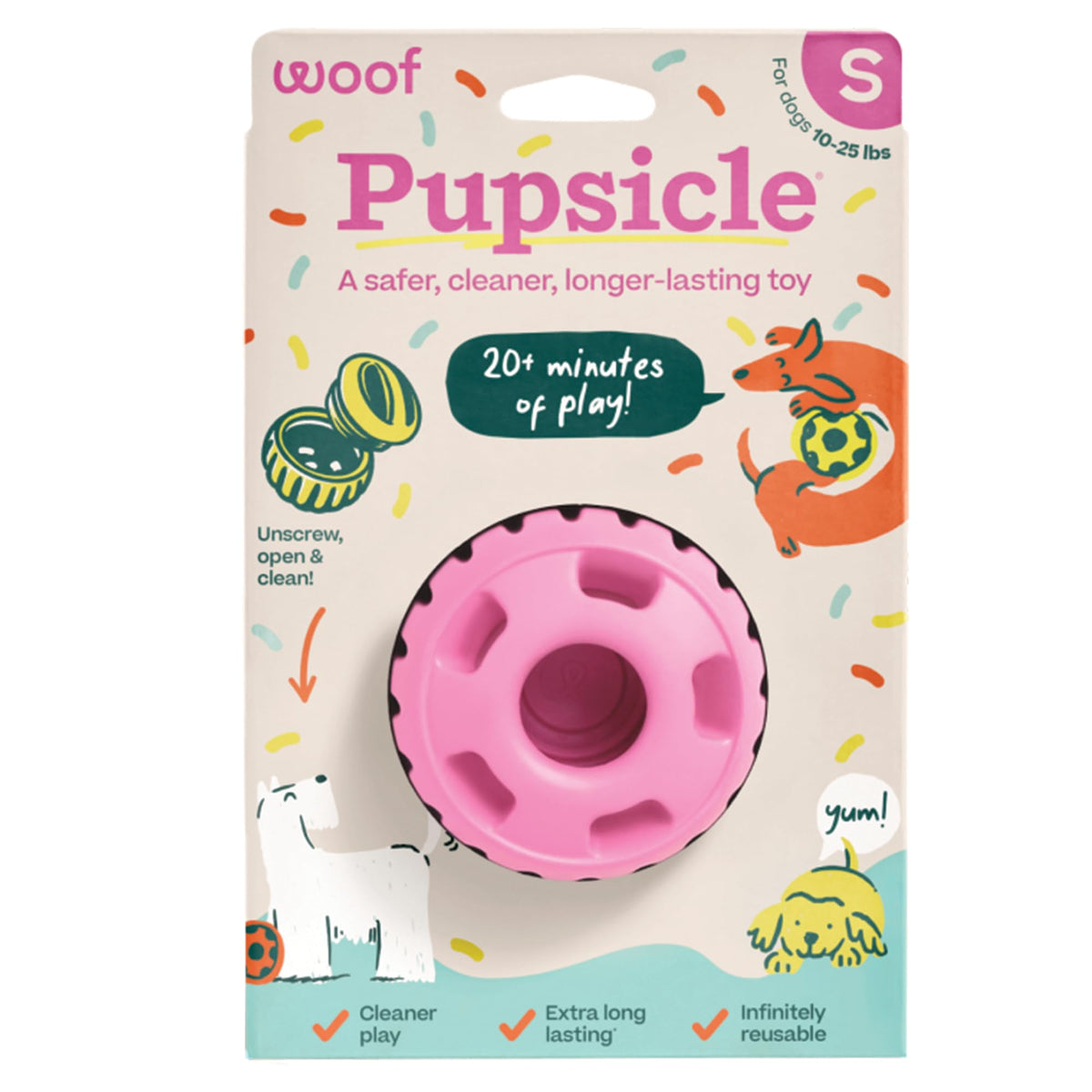 WOOF Party Pupsicle assembly close-up emphasizes spill-free filling for mess-free play.