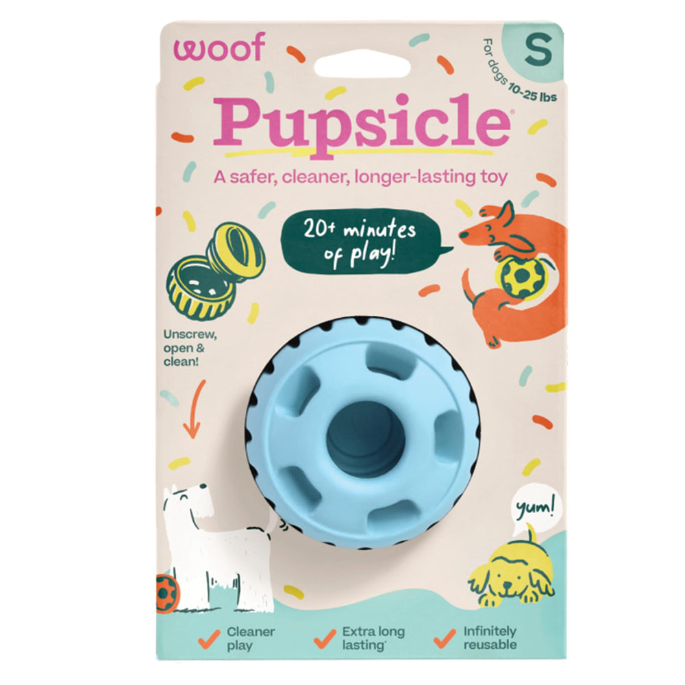 WOOF Party Pupsicle blue dog toy close-up highlighting long-lasting distraction