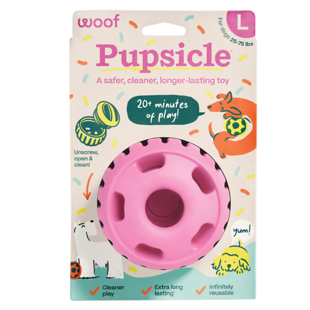 WOOF Party Pupsicle front view pink showcases a durable interactive toy for long-lasting play