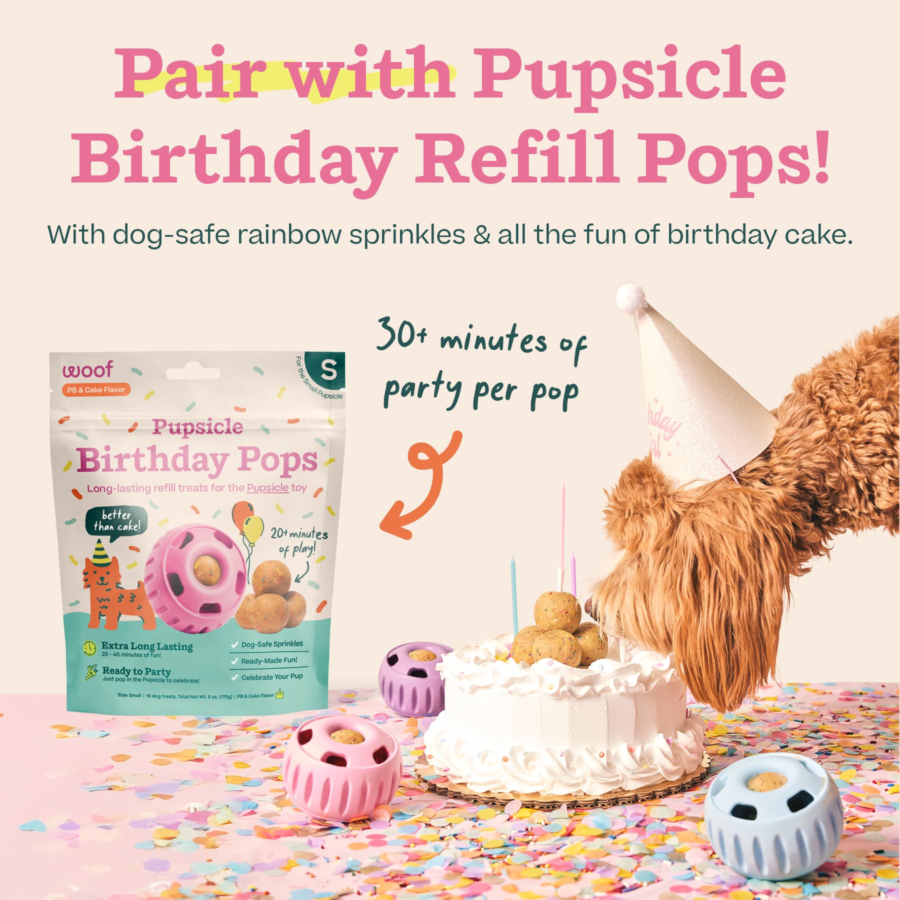 WOOF Party Pupsicle-weighted-base-stability pink highlights tipping resistance