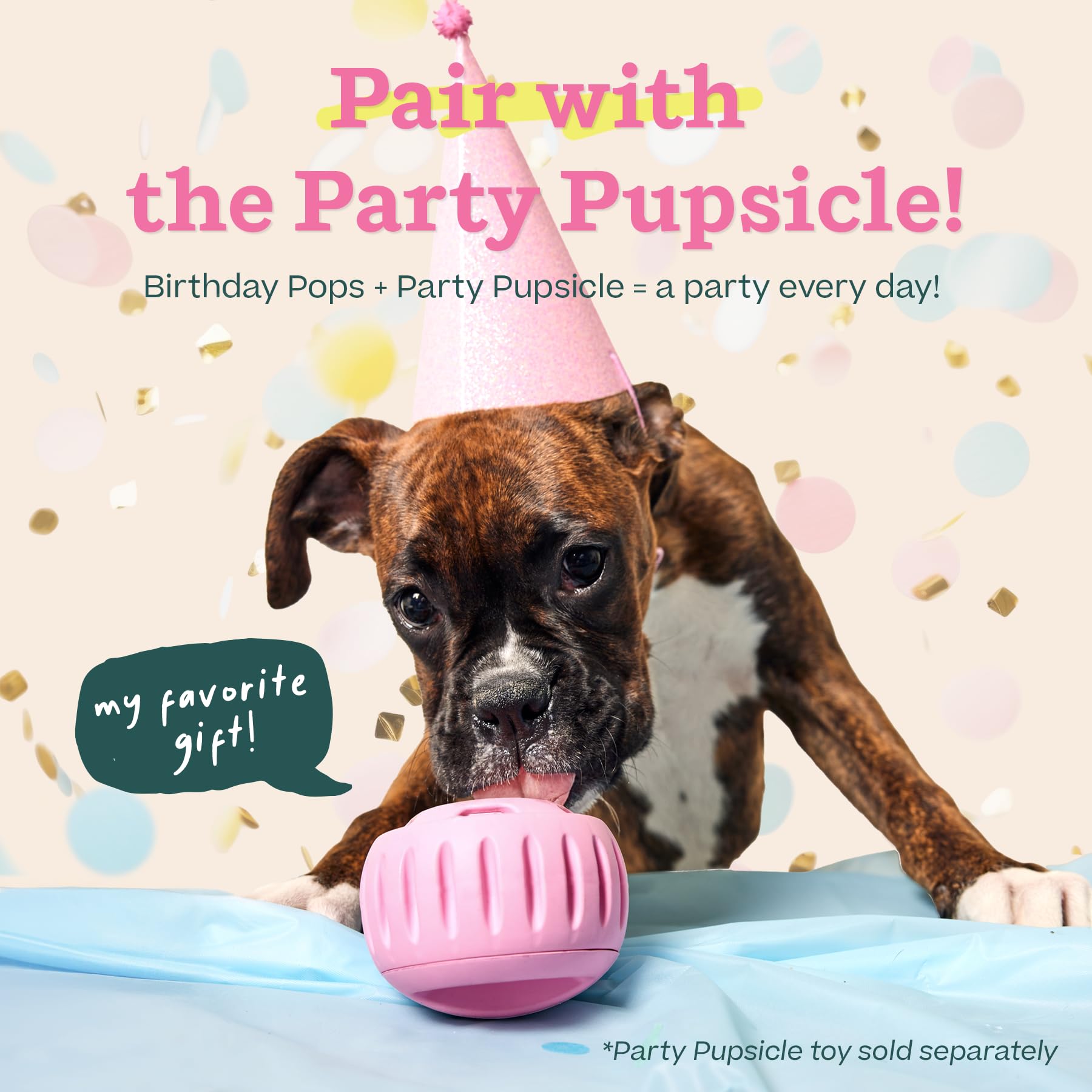 Two dogs enjoy WOOF Pupsicle Birthday Pops during a backyard celebration.