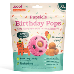 WOOF Pupsicle Birthday Pops packaging highlights wholesome ingredients for a dog-safe celebration.