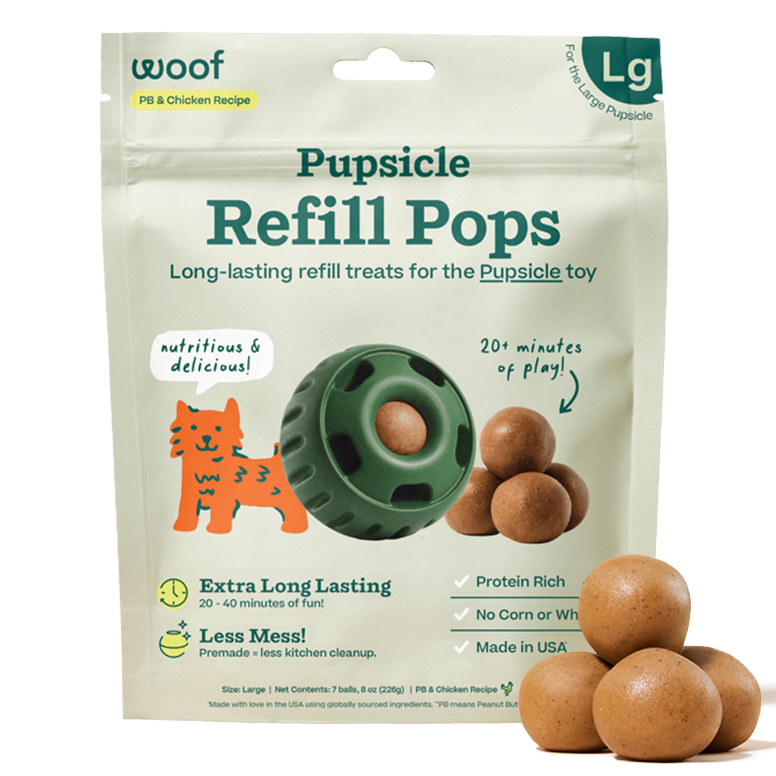 WOOF Pupsicle Chicken Refill Pop on a tray delivering long-lasting chew for dogs