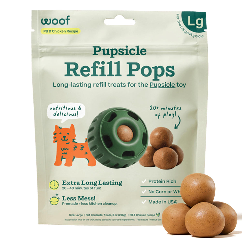 WOOF Pupsicle Chicken Refill Pop on a tray delivering long-lasting chew for dogs