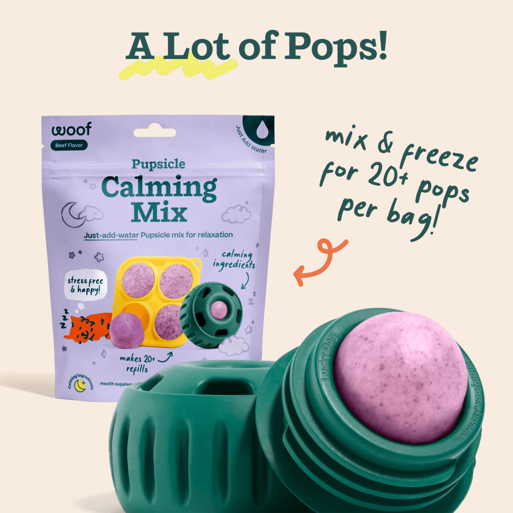 WOOF Freezer-prep image emphasizes long-lasting pops stored for weeks.