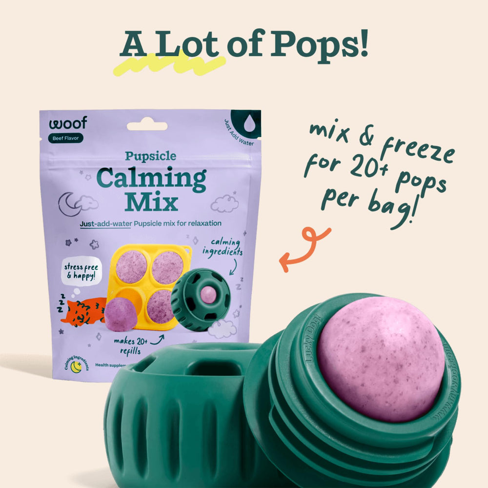 WOOF Freezer-prep image emphasizes long-lasting pops stored for weeks.