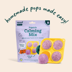 WOOF Calming-ingredients image highlights L-Theanine and chamomile for calmer moments during storms or car rides.