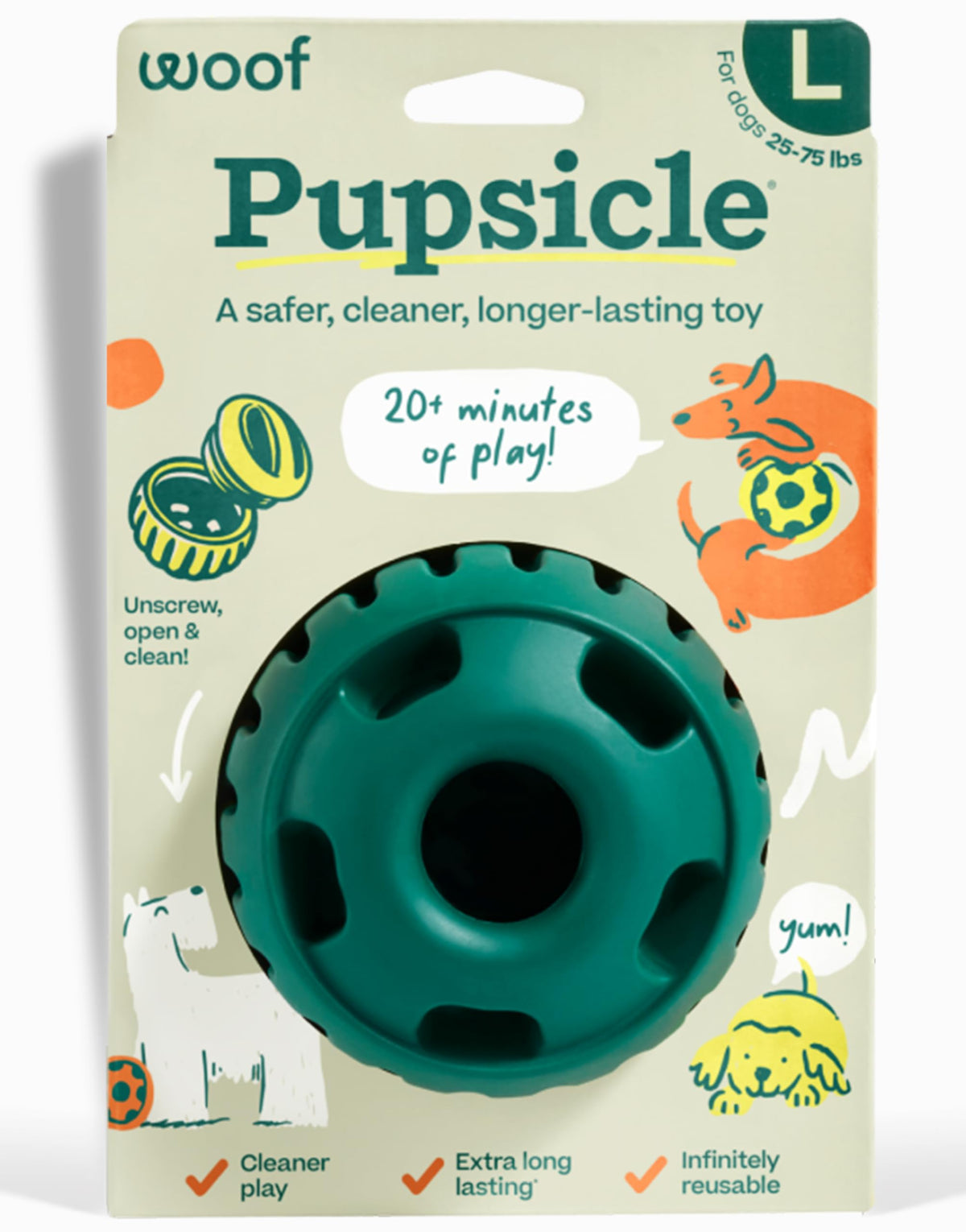WOOF Pupsicle opened for filling, enabling quick treat loading for extended play