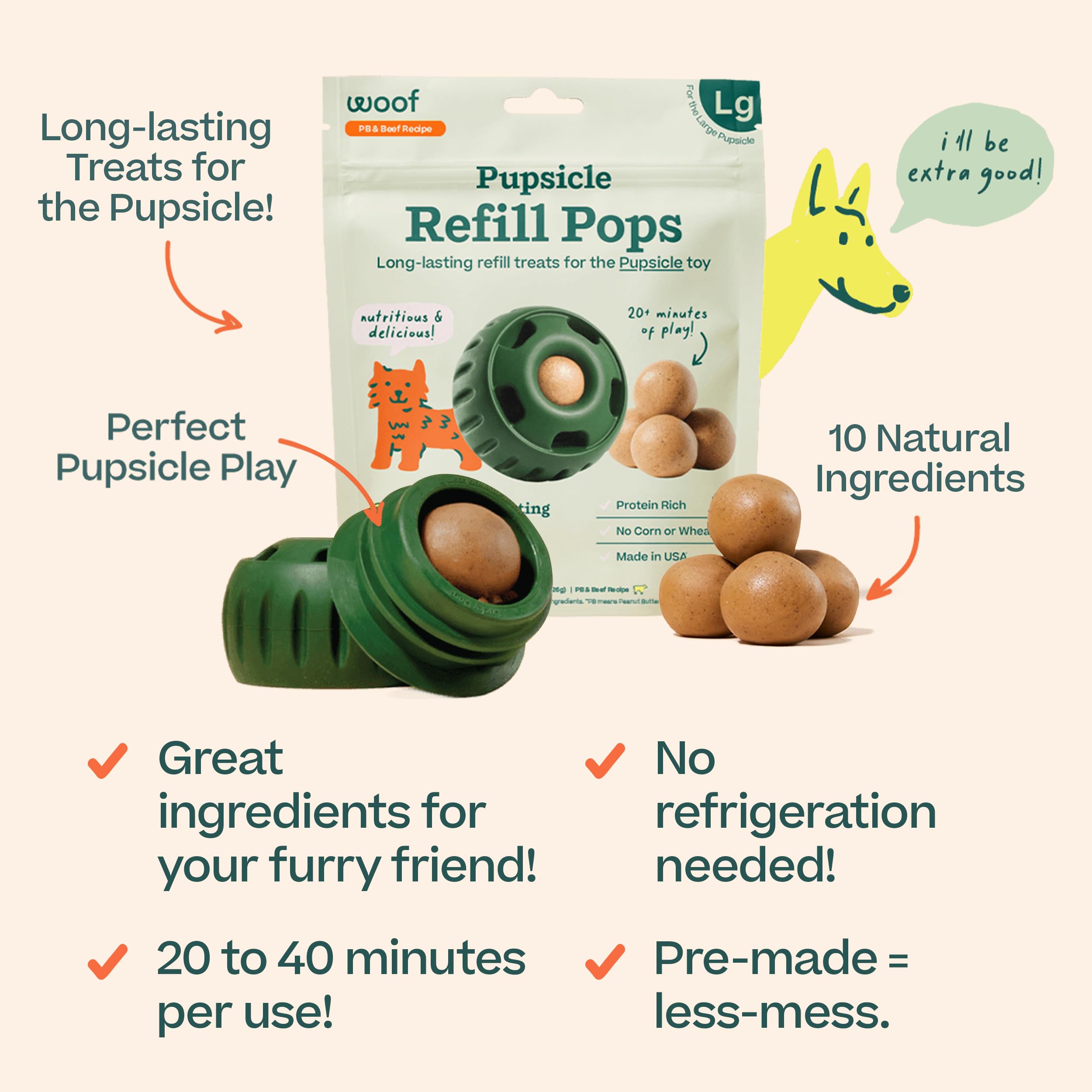 WOOF Pupsicle Refill Pops beef peanut butter cross-section shows quality ingredients.