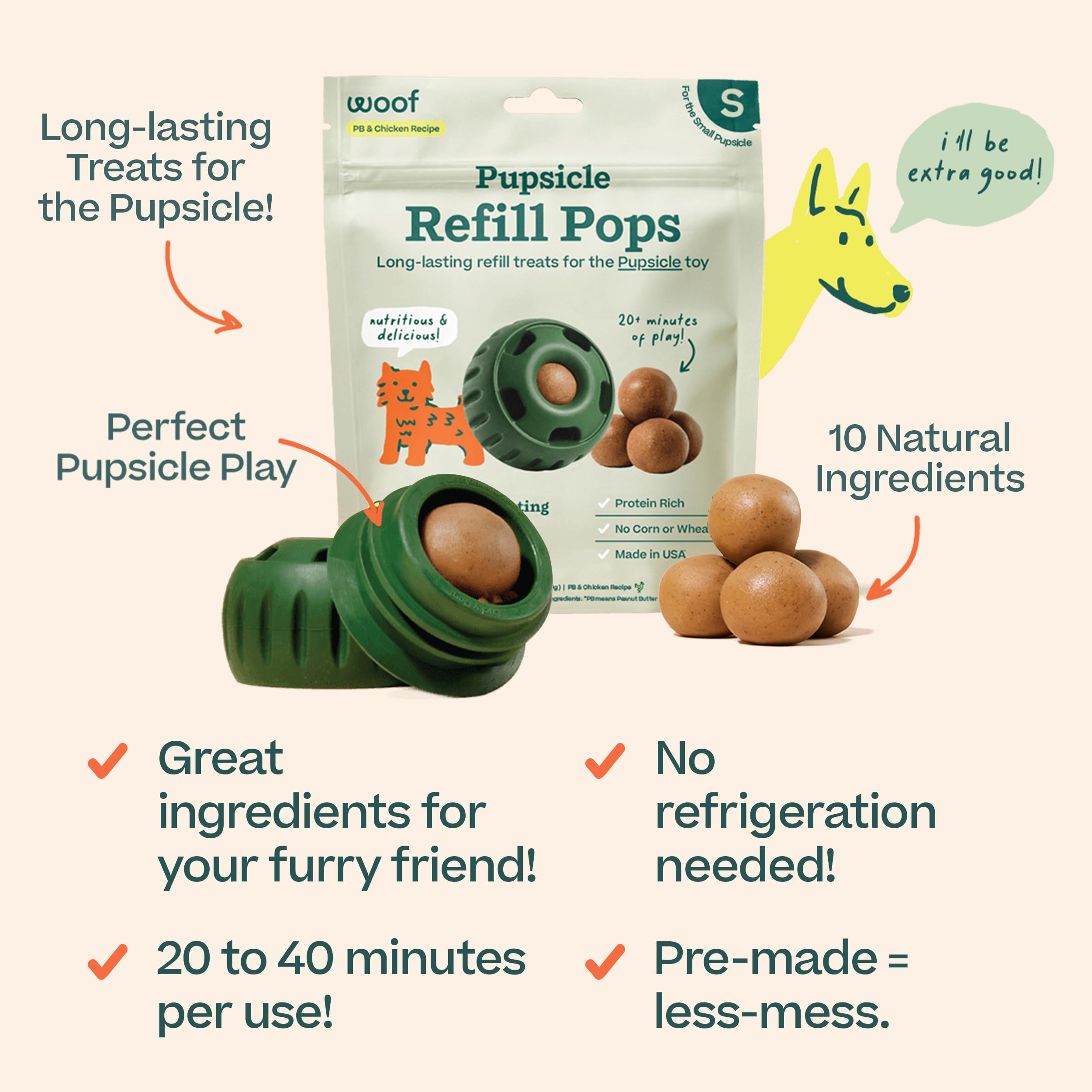 Close-up of WOOF Refill Pops showing wholesome ingredients and texture.