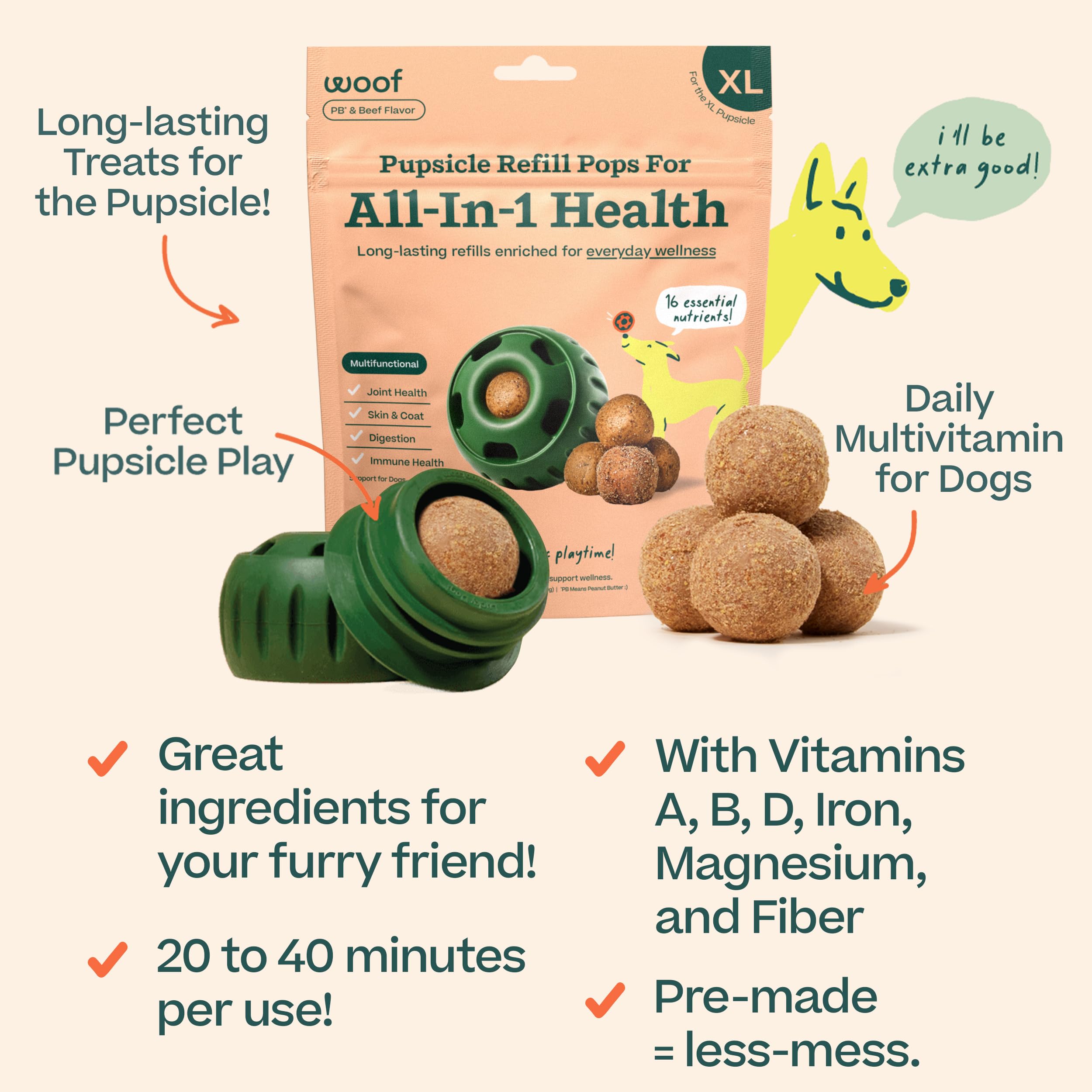 WOOF Pupsicle refill pops ingredient-closeup highlights beef plasma and peanut butter.