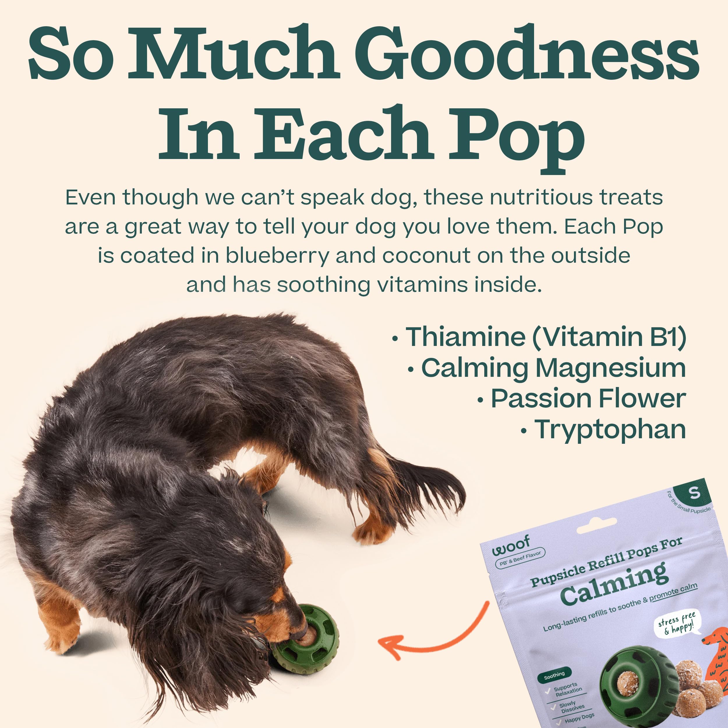 WOOF Pupsicle Refill Pops ingredient list featuring beef plasma and blueberry powder