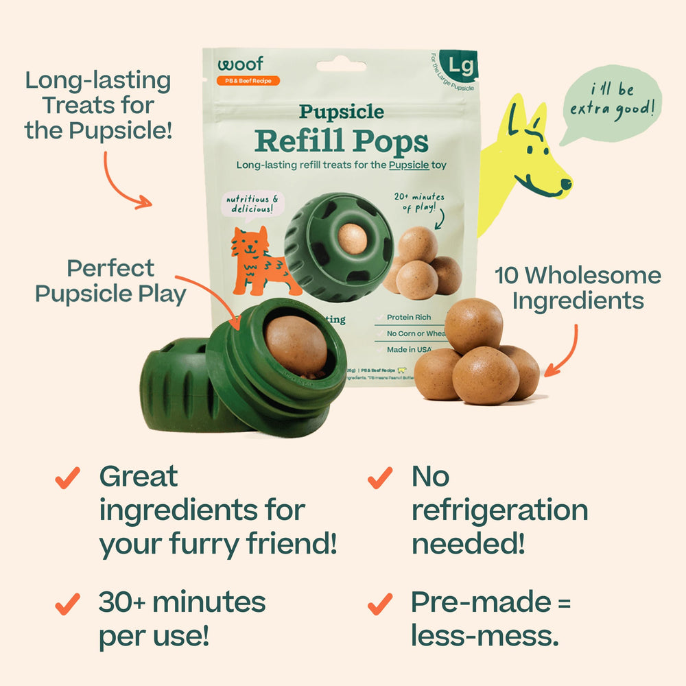WOOF Pupsicle Refill Pops close-up ingredients highlight wholesome, tasty dog treats.