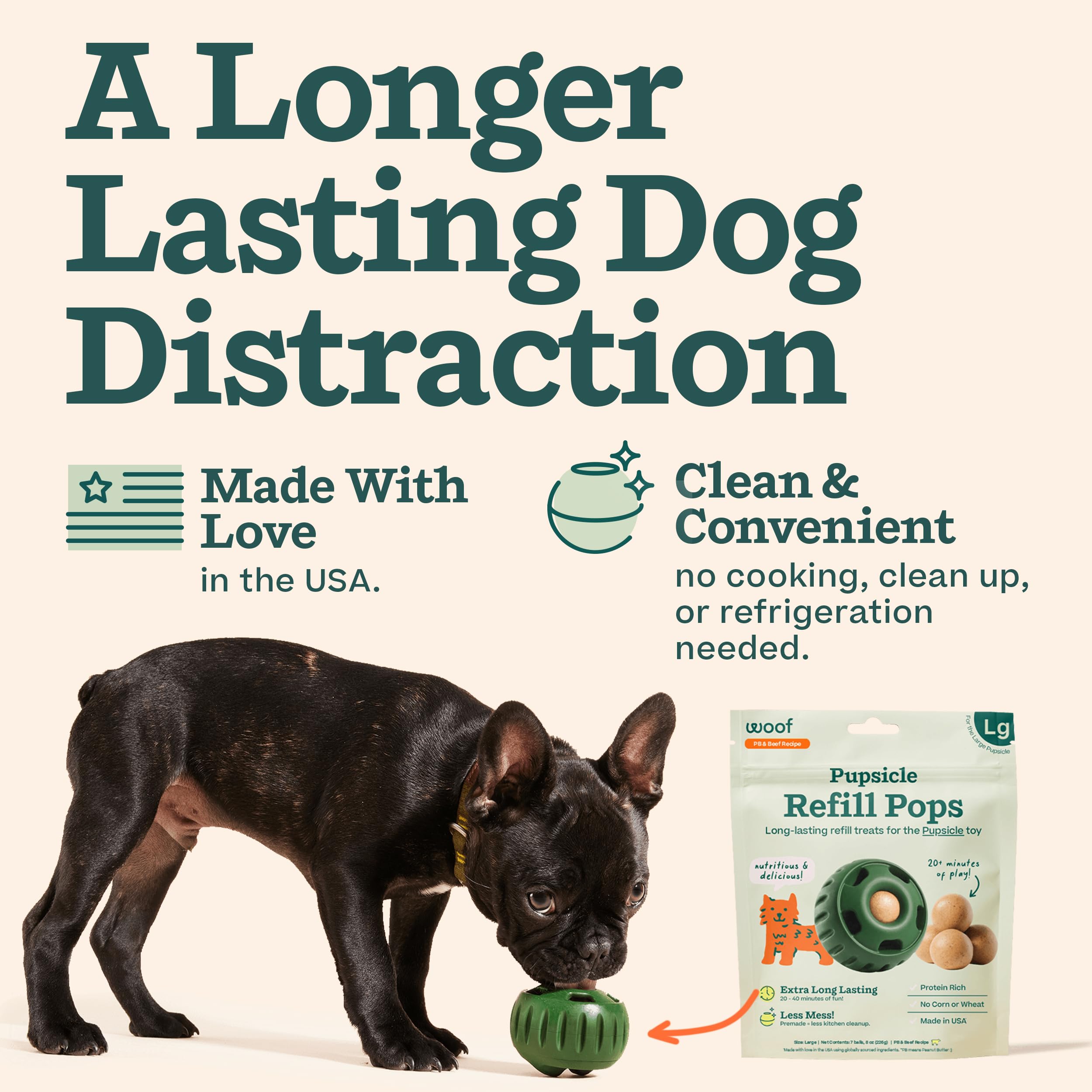 WOOF Pupsicle Refill Pops held in hand illustrate extra-long lasting chew for focused play.