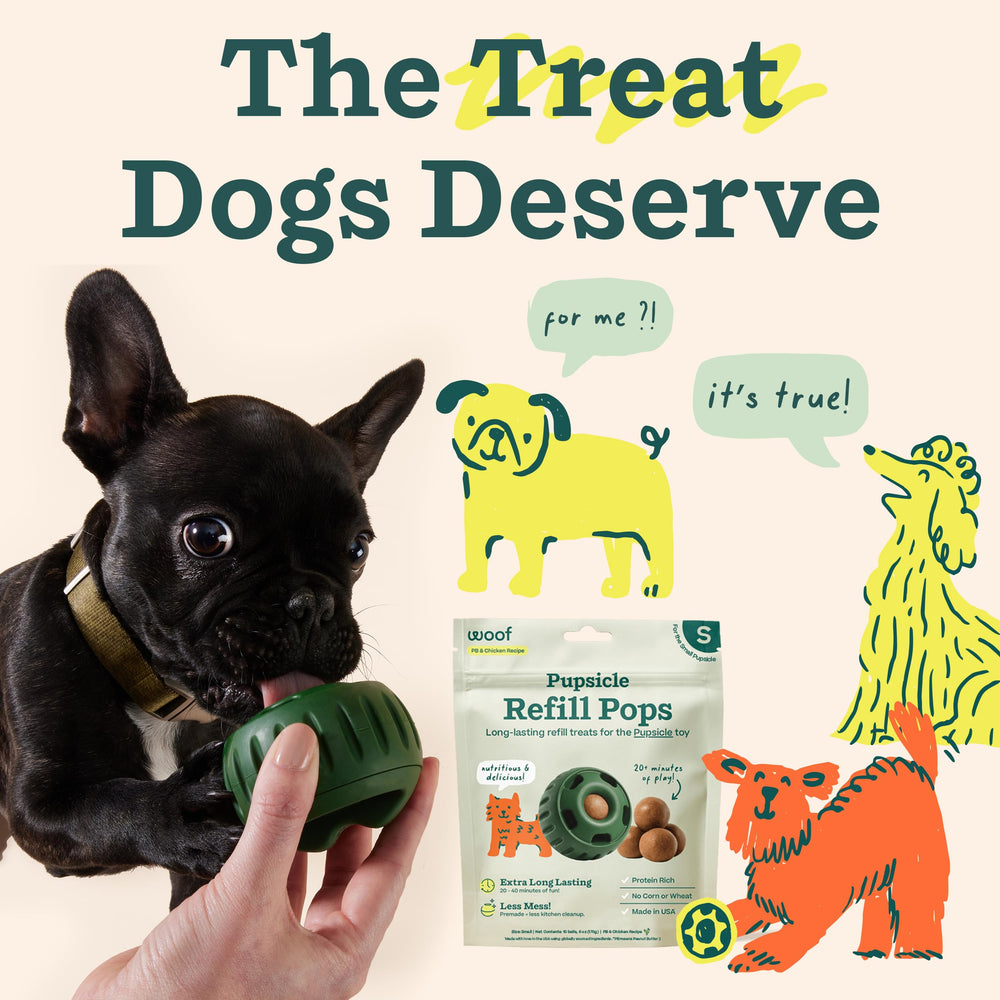 Made in USA, WOOF Pupsicle Refill Pops offer trusted, long-lasting fun.