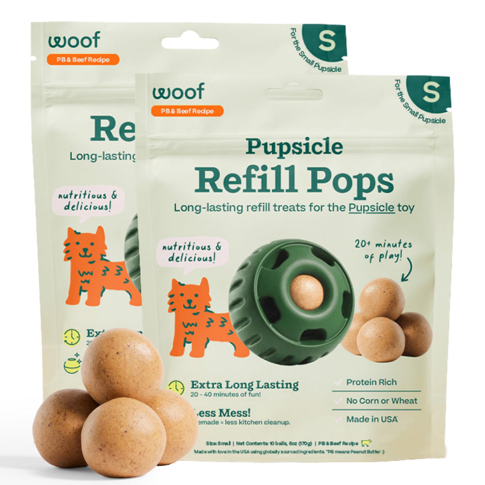 WOOF Pupsicle Refill Pops pack-front shows ready-to-use, low-mess dog treats.