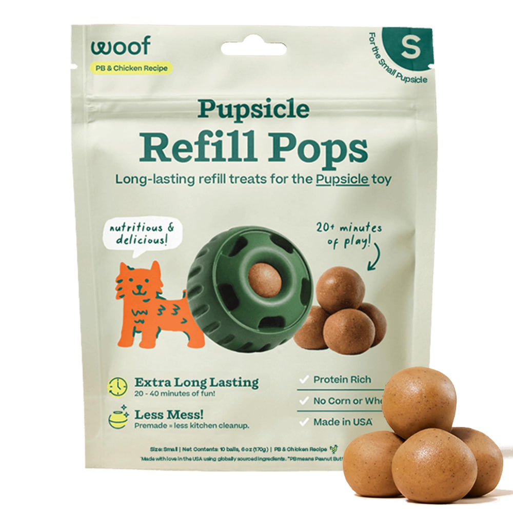 WOOF Pupsicle Refill Pops packaging highlights shelf-stable, long-lasting dog treats.