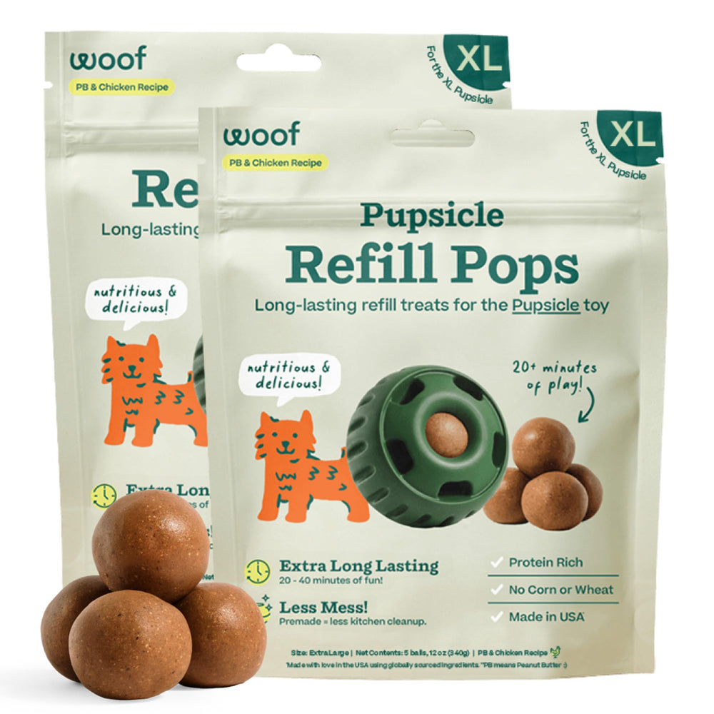 WOOF Pupsicle Refill Pops packaging showcasing shelf-stable dog treats for travel.