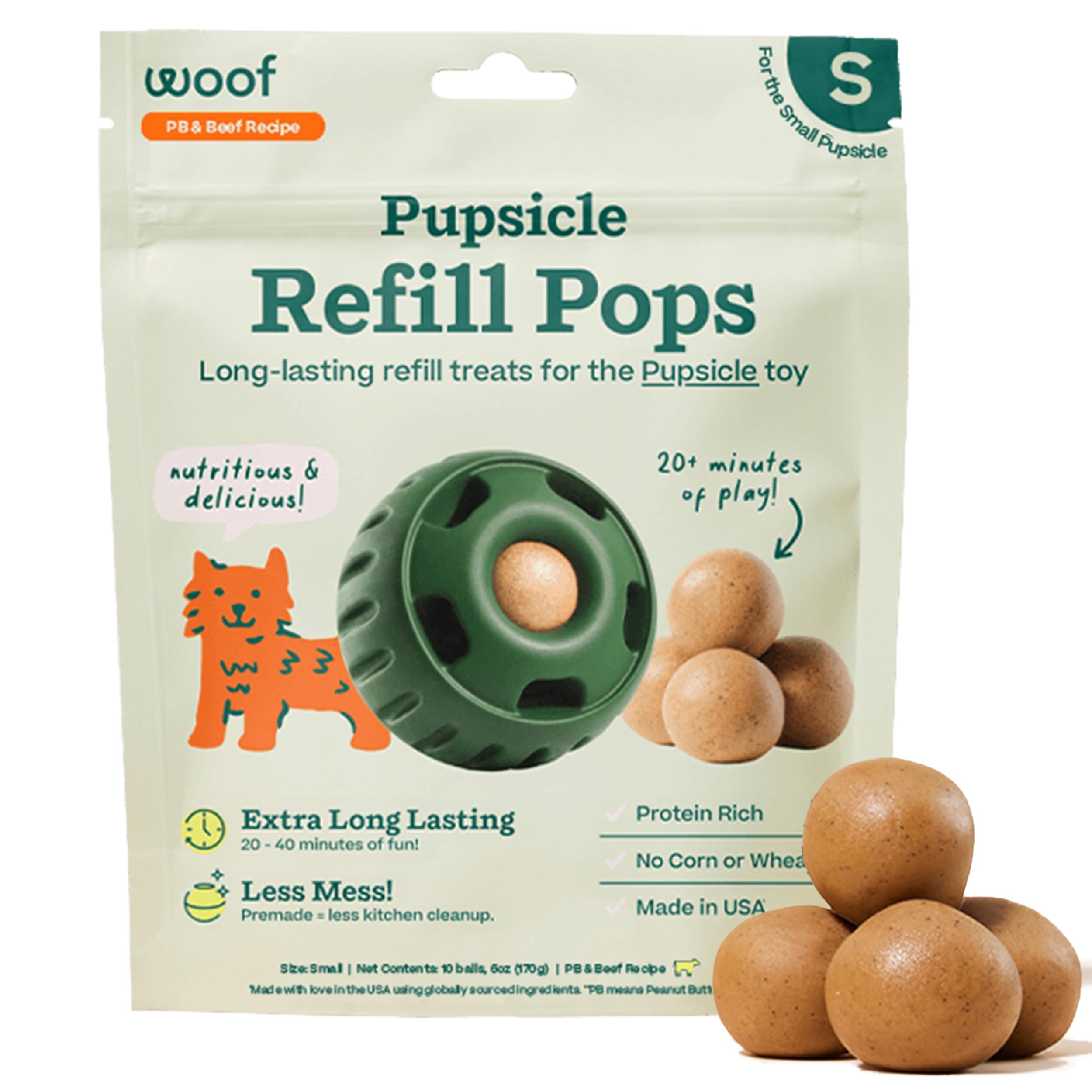 WOOF Pupsicle Refills packaging shows long-lasting, low-mess dog treats for active dogs.