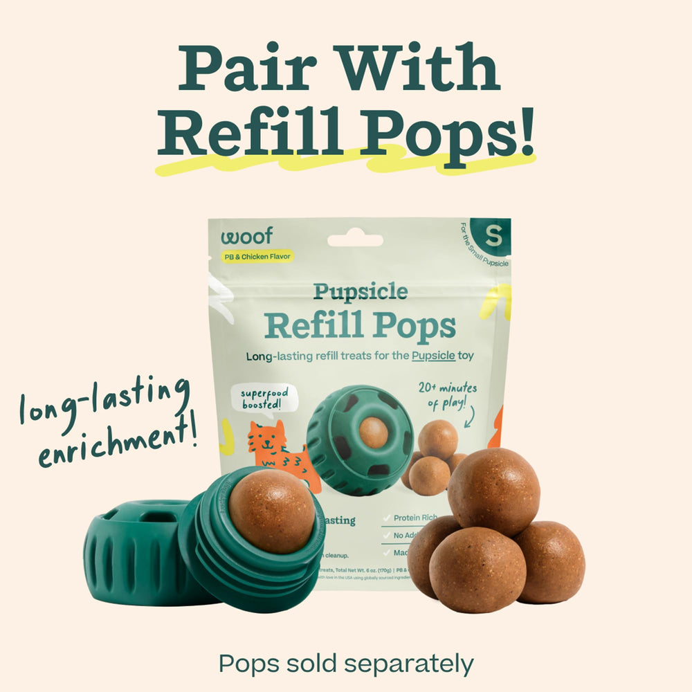 WOOF Pupsicle refill-pops option extends playtime with treats.