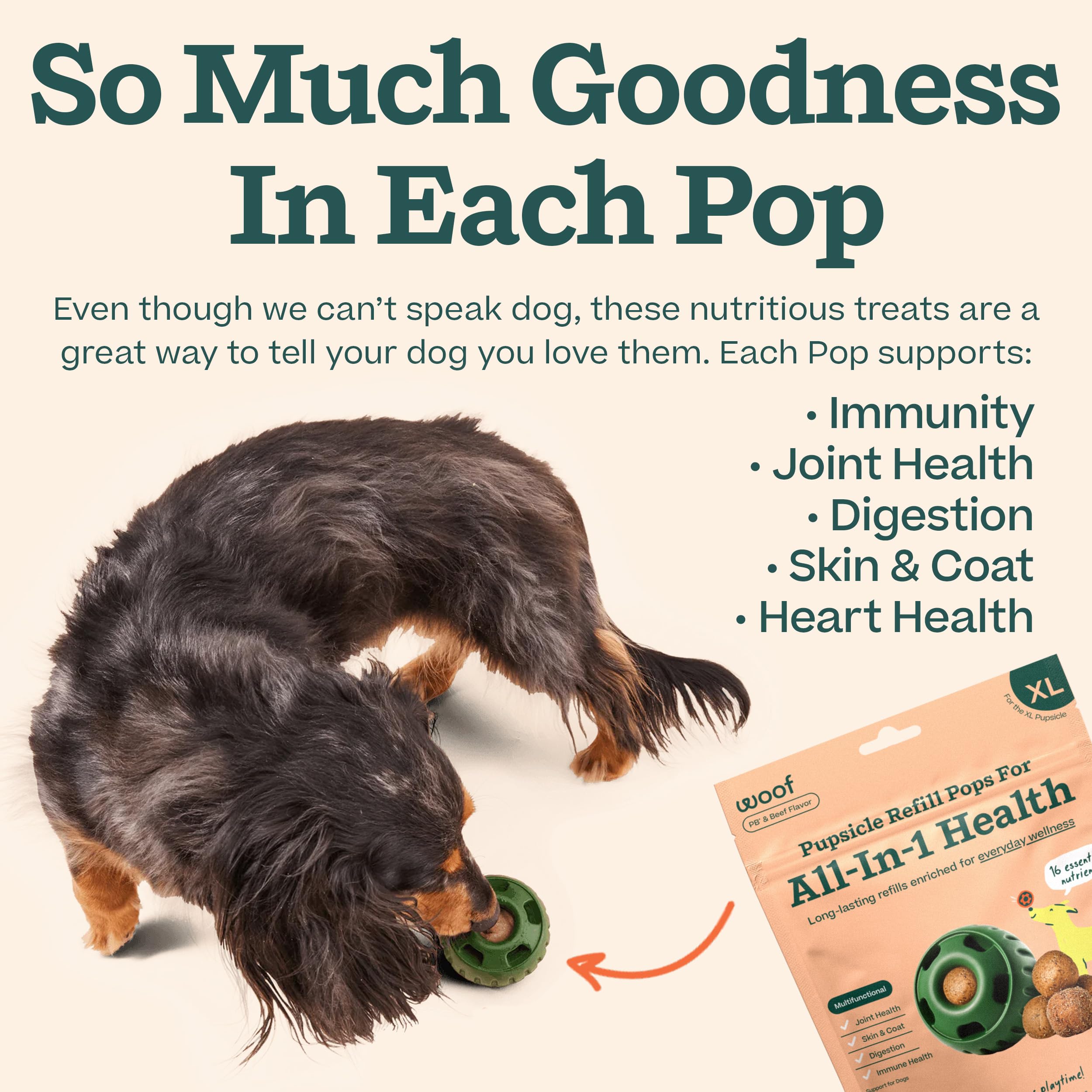 WOOF Pupsicle refill pops vitamins-chart shows vitamins A, B, D with minerals.