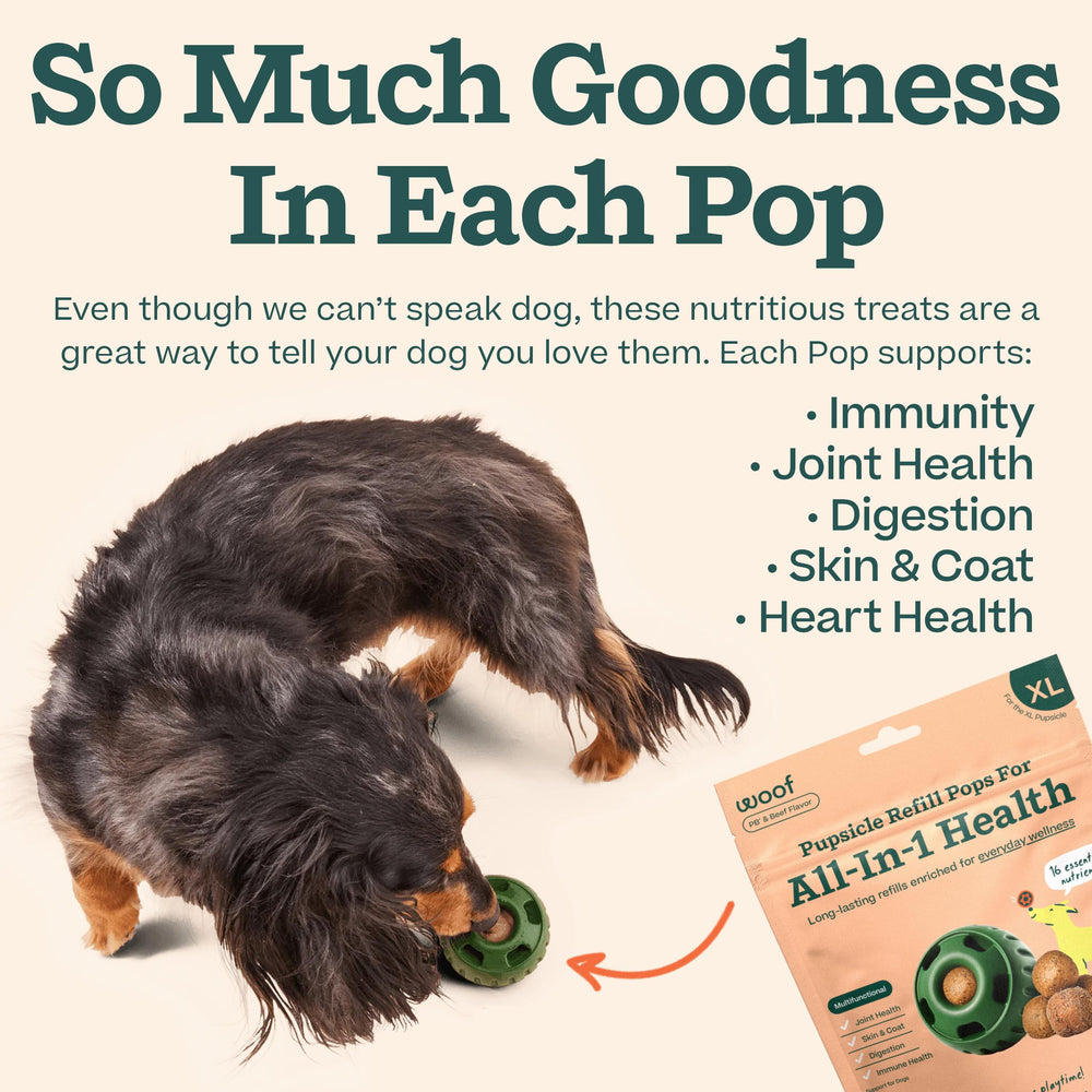WOOF Pupsicle refill pops vitamins-chart shows vitamins A, B, D with minerals.