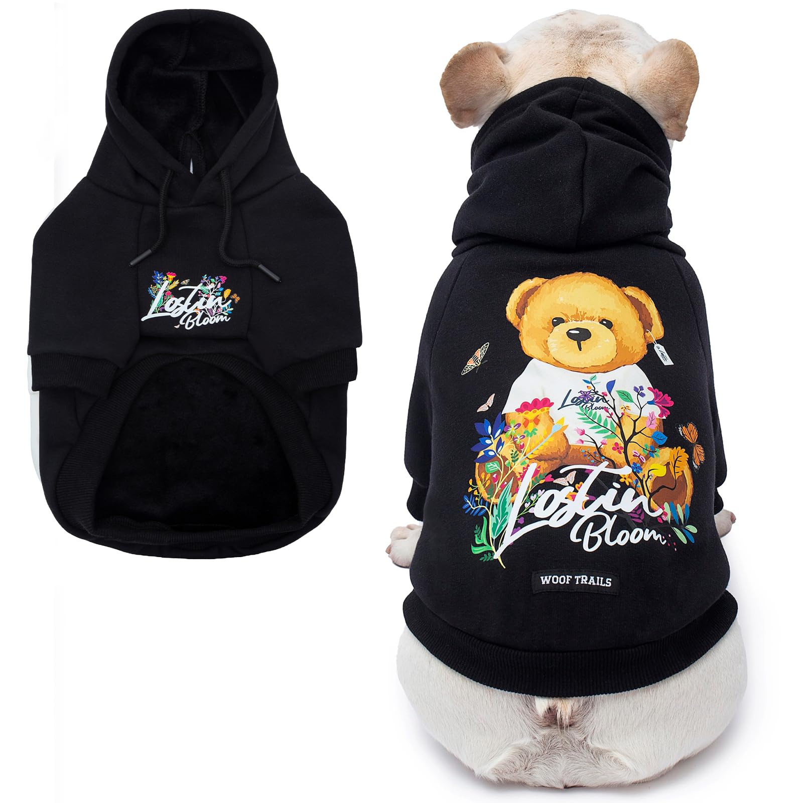 Woof Trails Bloom Teddy Hoodie back view shows cozy warmth for small dogs on chilly walks.