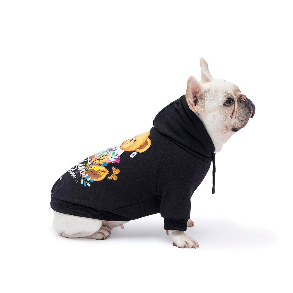 Woof Trails Blooming Teddy Hoodie back view highlights warm fleece lining for chilly walks.